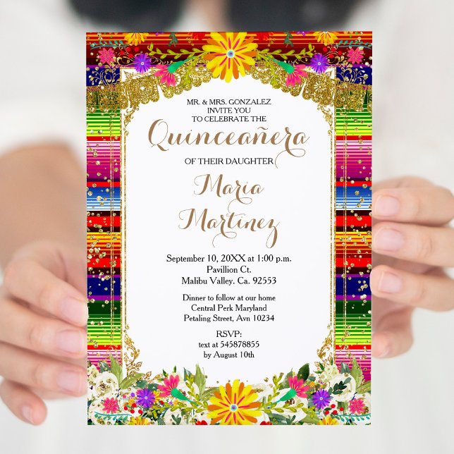 Invitation Floral d'or mexicain Quinceañera (Créateur téléchargé)