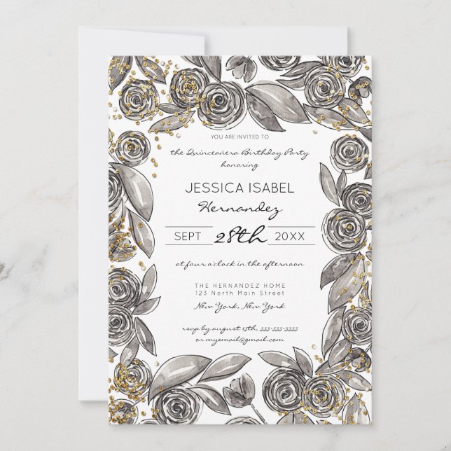Invitation Floral d'or noir Confetti Aquarelle Quinceañera (Devant)