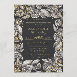 Invitation Floral d'or noir Confetti Aquarelle Quinceañera