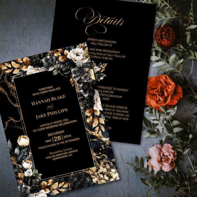 Invitation Floral d'or noir tout en un Mariage (Créateur téléchargé)