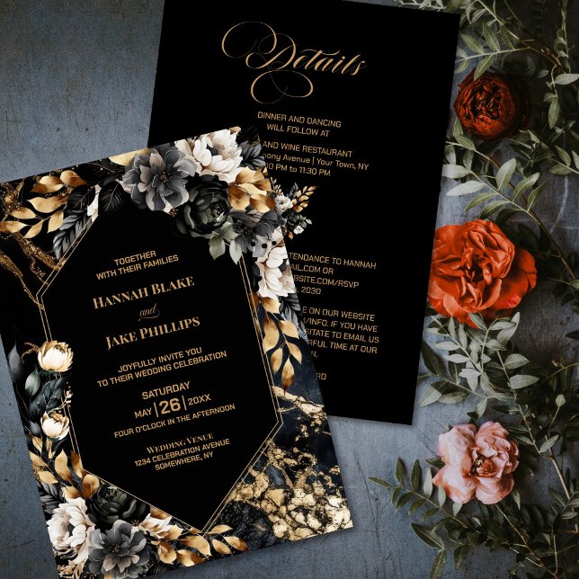 Invitation Floral d'or noir tout en un Mariage géométrique (Créateur téléchargé)