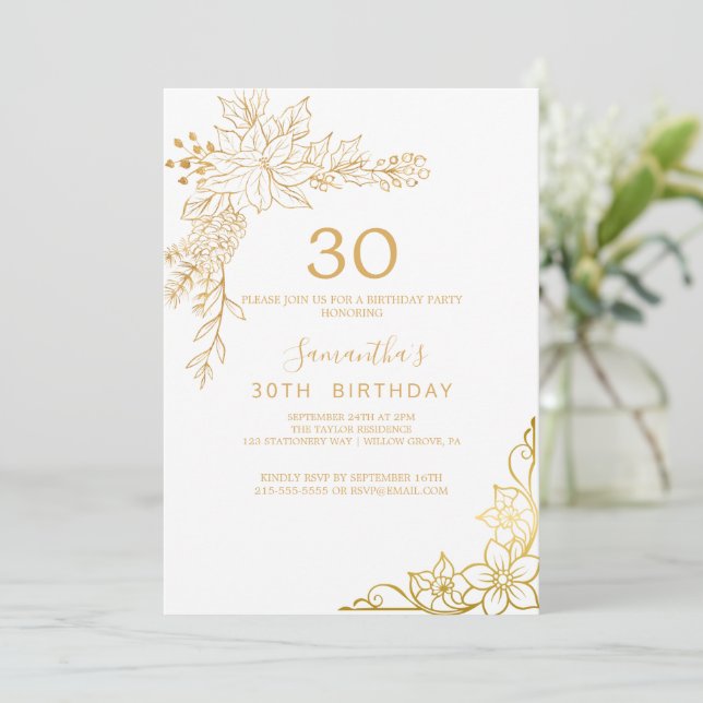 Invitation Floral doré | 30e anniversaire de Cream and Gold (Debout devant)
