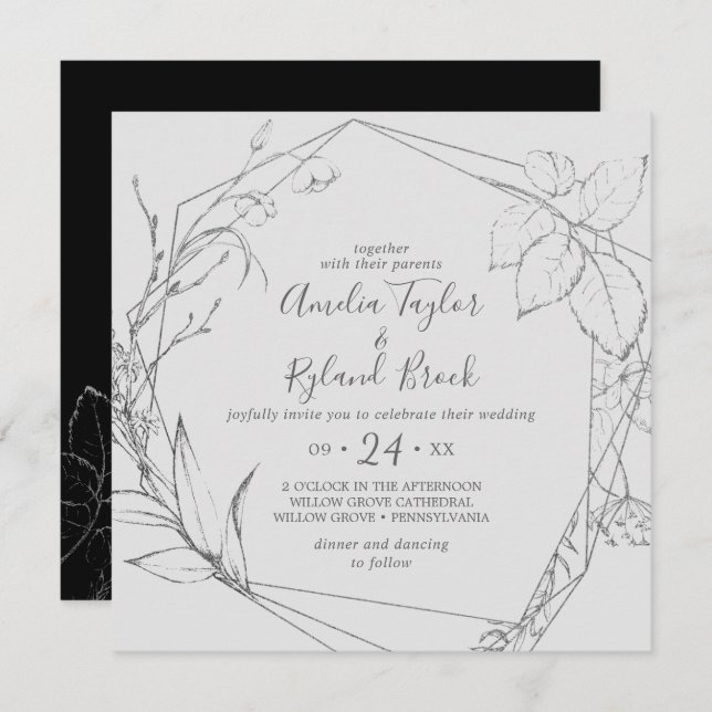 Invitation Floral doré | Argent et noir tout en un Mariage (Devant / Derrière)