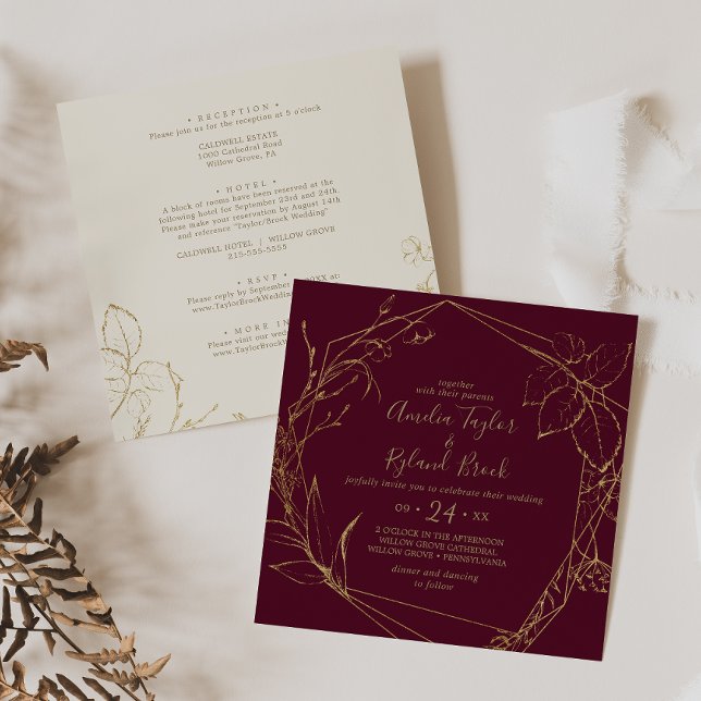 Invitation Floral doré | Bourgogne & Or tout en un Mariage (Créateur téléchargé)