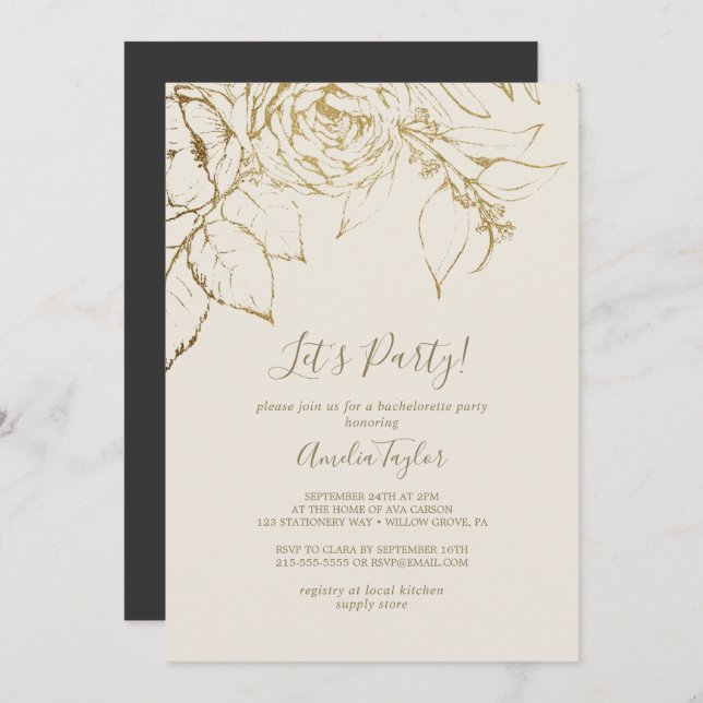 Invitation Floral doré | Cream and Gold Let's Party (Devant / Derrière)