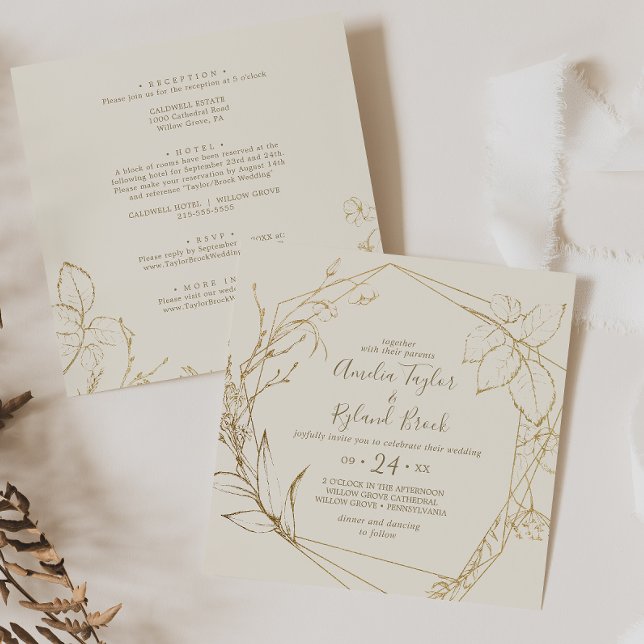 Invitation Floral doré | Crème et or tout en un Mariage (Créateur téléchargé)