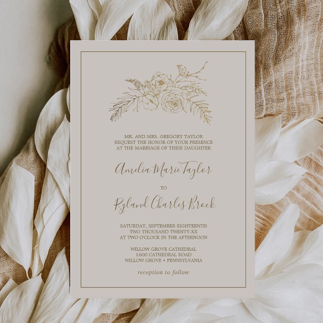 Invitation Floral doré | Mariage formel crème et or (Créateur téléchargé)