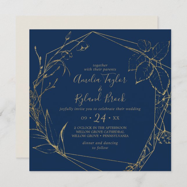 Invitation Floral doré | Mariage géométrique bleu et or Marin (Devant / Derrière)