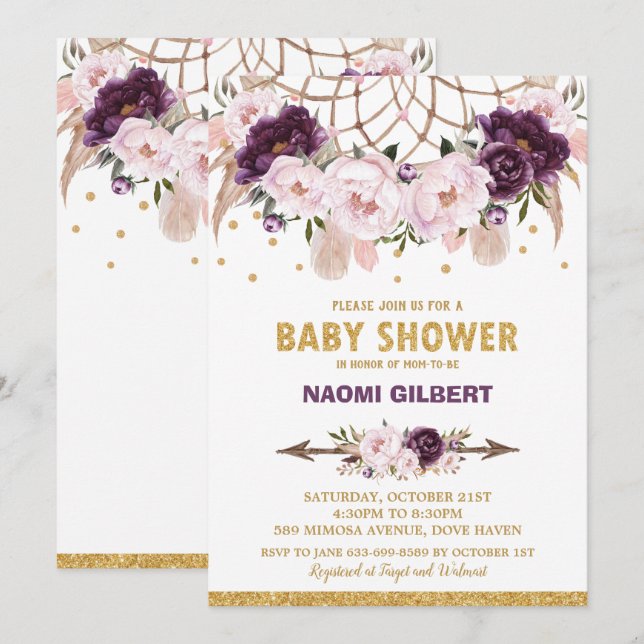 Invitation Floral Dream Catcher Baby shower fille violet Blus (Devant / Derrière)
