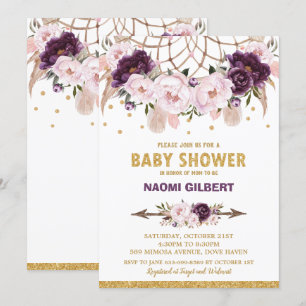 Invitation Floral Dream Catcher Baby shower Girl Purple Blush