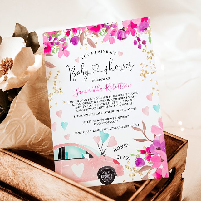 Invitation Floral Drive by baby shower car aquarelle coeurs (Floral Drive by baby shower car watercolor hearts Invitation)