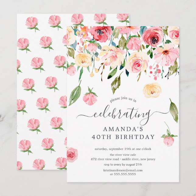 Invitation Floral Drop Pink Peonies Anniversaire Fête Invitat (Devant / Derrière)
