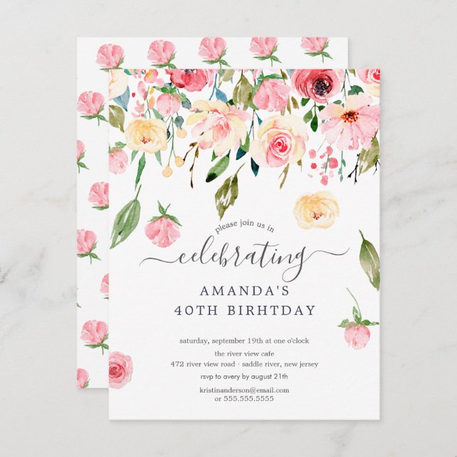 Invitation Floral Drop Pink Peonies Anniversaire Fête Invitat (Devant / Derrière)