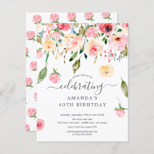 Invitation Floral Drop Pink Peonies Anniversaire Fête Invitat