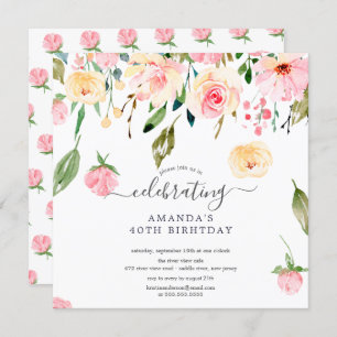 Invitation Floral Drop Pink Peonies Anniversaire Fête Invitat
