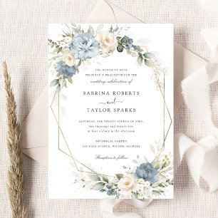 Invitation Floral Dusty Bleu Blanc Vert Mariage Or