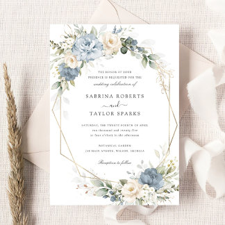 Invitation Floral Dusty Bleu Blanc Vert Mariage Or