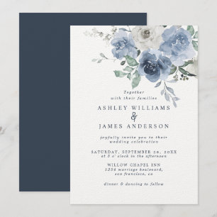 Invitation Floral Dusty bleu ivoire Rose bleu foncé Mariage