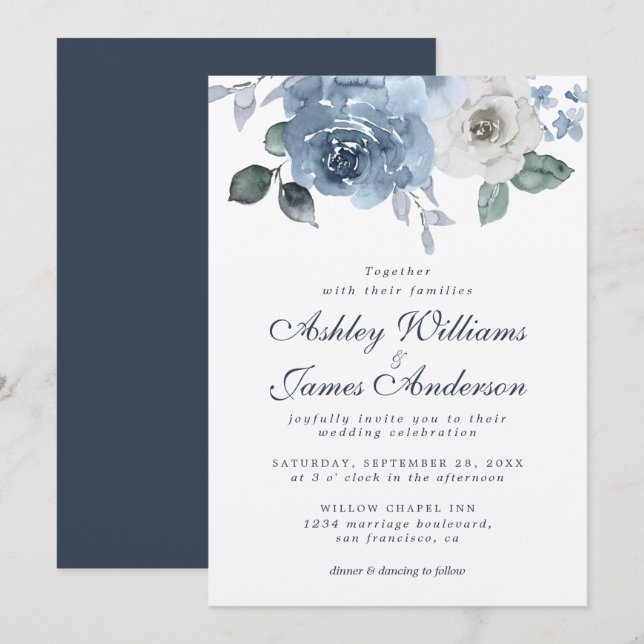 Invitation Floral Dusty bleu ivoire Rose bleu foncé Mariage (Devant / Derrière)