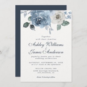 Invitation Floral Dusty bleu ivoire Rose bleu foncé Mariage