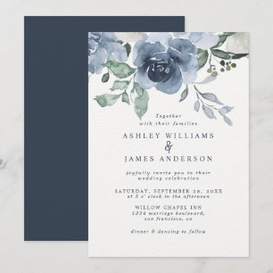 Invitation Floral Dusty bleu ivoire Rose bleu foncé Mariage
