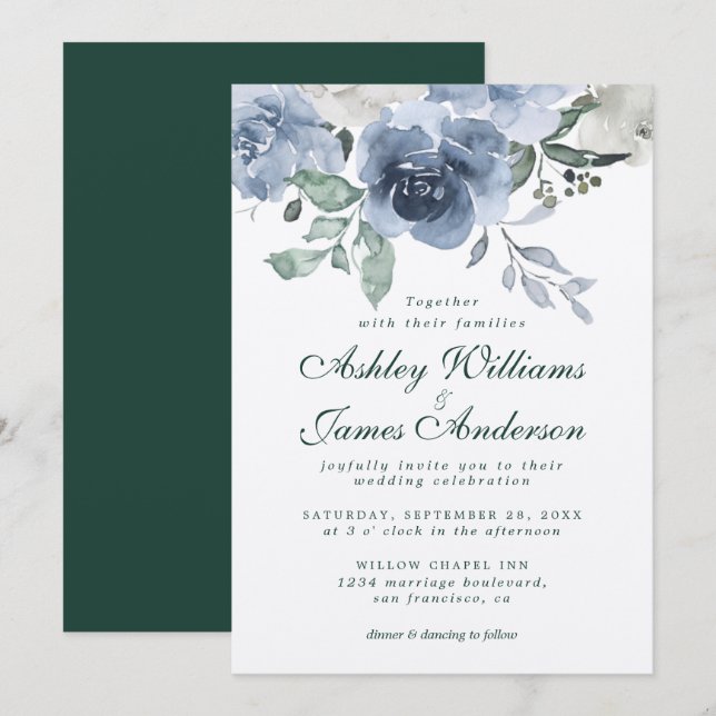 Invitation Floral Dusty bleu ivoire Rose vert foncé Mariage (Devant / Derrière)