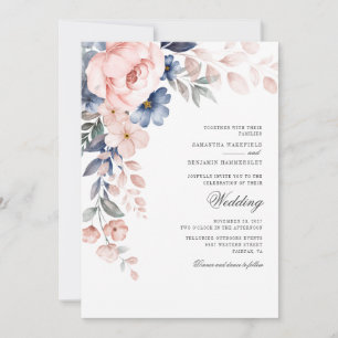Invitation Floral Dusty bleu rose Mariage d'aquarelle
