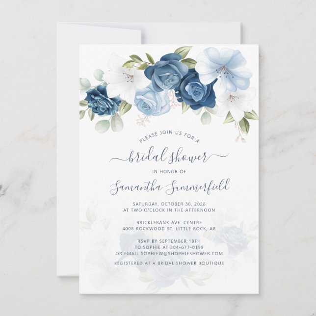 Invitation Floral Dusty Bleu Script Fête des mariées de rempl (Devant)