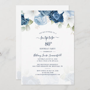 Invitation Floral Dusty Blue 80e fête d'anniversaire