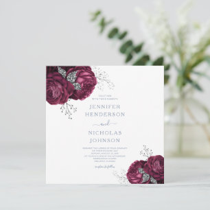 Invitation Floral Dusty Blue Bourgogne Peonies Élégant mariag