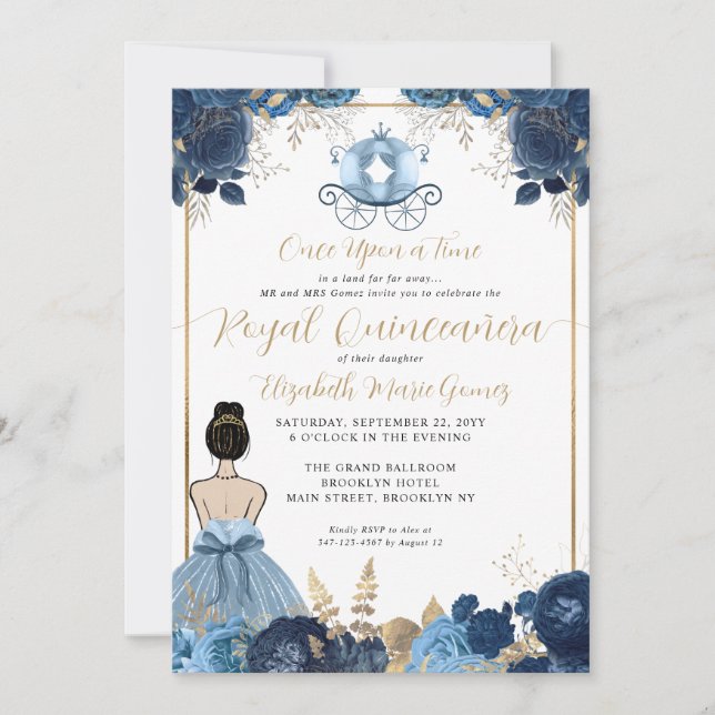 Invitation Floral Dusty Blue Cinderella Royal Quinceanera (Devant)