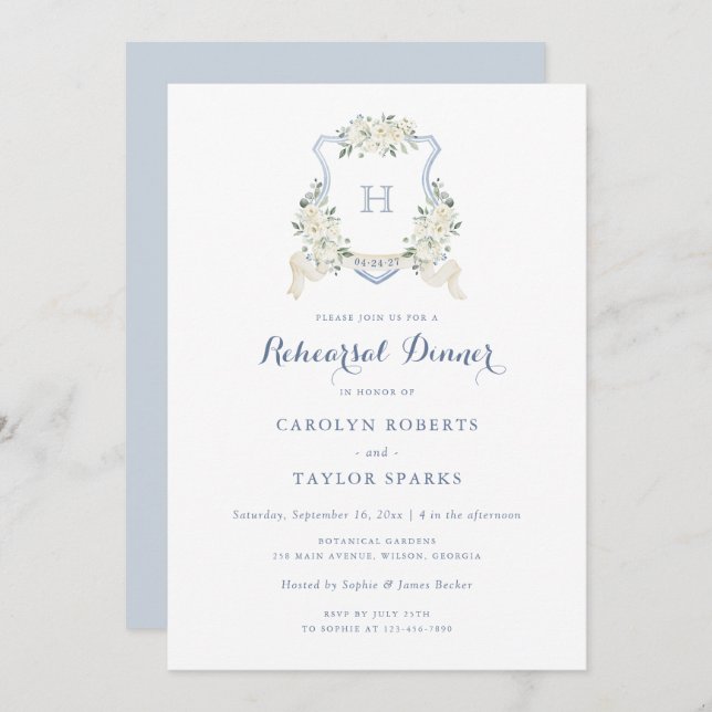 Invitation Floral Dusty Blue Crest Rehearsal Dinner Wedding (Devant / Derrière)
