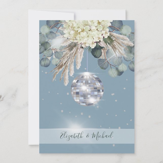 Invitation Floral Dusty Blue Disco Ball Mariage élégant (Dos)
