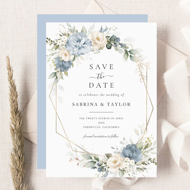 Invitation Floral Dusty Blue Greenery Wedding Save The Date (Créateur téléchargé)