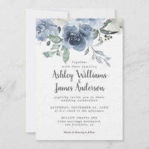 Invitation Floral Dusty Blue Ivory Rose Vintage Blue Mariage
