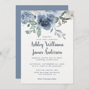 Invitation Floral Dusty Blue Ivory Rose Vintage Blue Mariage