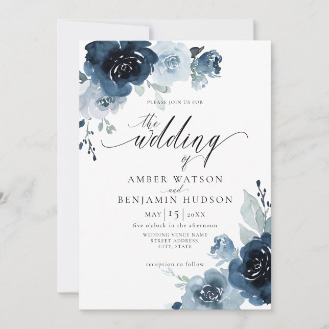 Invitation Floral Dusty Blue Navy Fleurs Neutre Mariage (Devant)