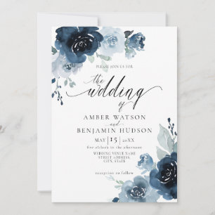 Invitation Floral Dusty Blue Navy Fleurs Neutre Mariage
