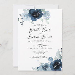 Invitation Floral Dusty Blue Pastel Marine Mariage en ardoise
