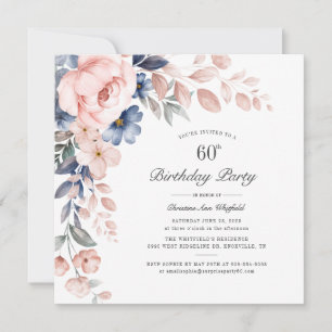 Invitation Floral Dusty Blue Pink 60e fête d'anniversaire