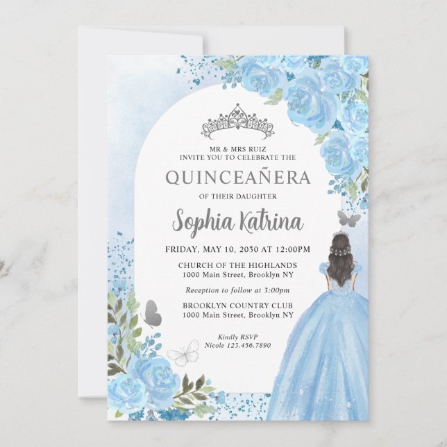 Invitation Floral Dusty Blue Princess Anniversaire Quinceaner (Devant)