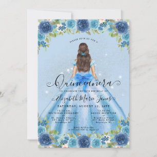 Invitation Floral Dusty Blue Silver Glam Princesse Quinceaner