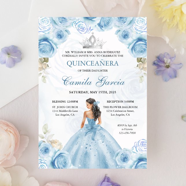 Invitation Floral Dusty Blue & Silver Princess Quinceañera (Créateur téléchargé)