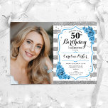 Invitation Floral Dusty Blue Silver White Photo 50e anniversa<br><div class="desc">Elégante invitation au 50e anniversaire fleurie féminine avec votre photo. Glam, blanc et bleu poussiéreux design avec faux parties scintillant argent. Comprend des rayures, des roses turquoise clair, des caractères de script et des confettis. Parfait pour une fête anniversaire adulte élégante. Personnalisez avec vos propres détails. Peut être customisé pour...</div>