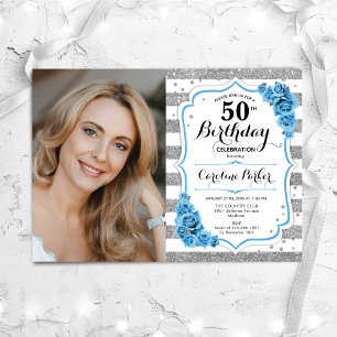 Invitation Floral Dusty Blue Silver White Photo 50e anniversa