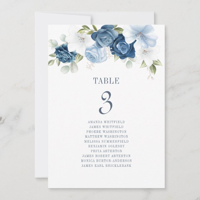 Invitation Floral Dusty Blue Table Numéro 3 Siège Mariage (Devant)