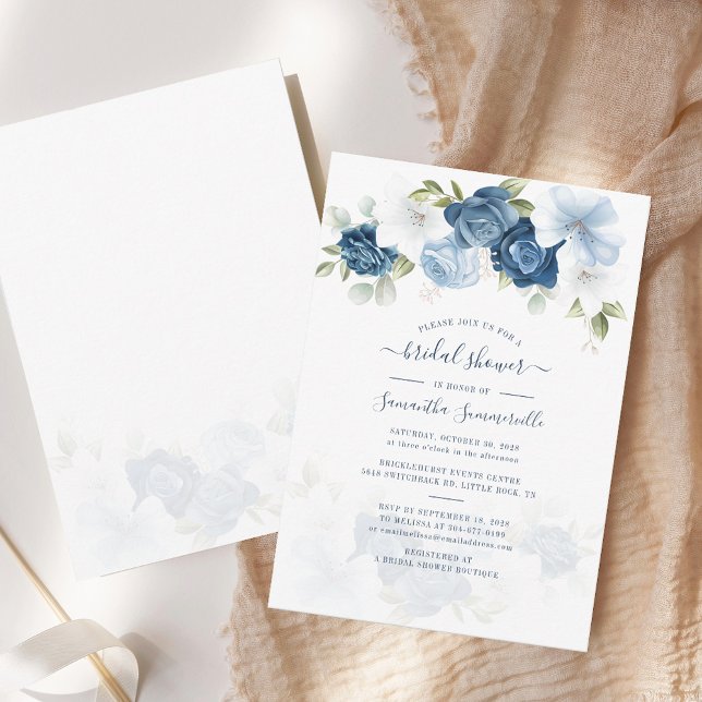 Invitation Floral Dusty Blue Watercolor Foliage Bridal Shower (Dusty Blue Floral Watercolor Script Bridal Shower Invitation)