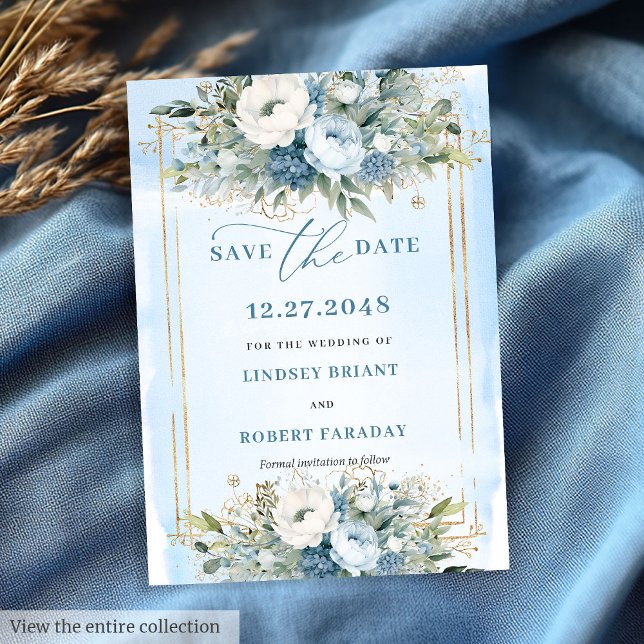 Invitation Floral Dusty Blue White Gold Flowers Enregistrer L (Floral Dusty Blue White Gold Flowers Save The Date)