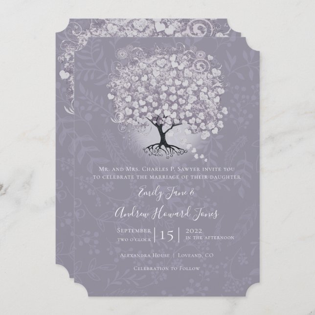 Invitation Floral Dusty Lavender Heart Leaf Tree Mariage (Devant / Derrière)
