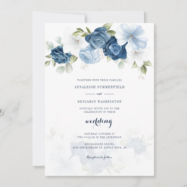 Invitation Floral Dusty Mariage bleu (Devant)